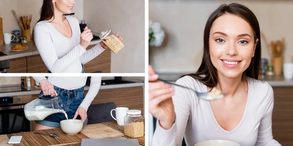 Collage di felice ragazza tenendo cucchiaio, contenitore con fiocchi di mais e versando il latte in ciotola — Foto stock