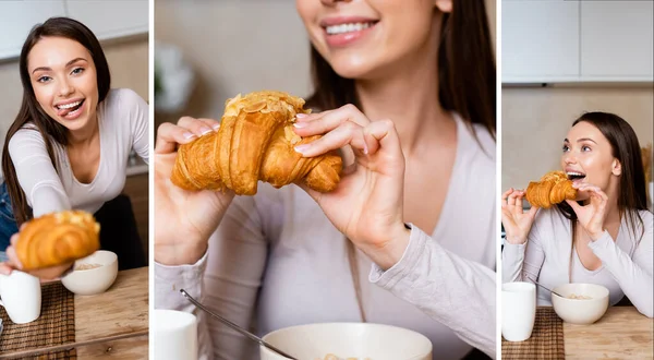 Collage of happy girl holding croissants and sticking out tongue — Stock Photo