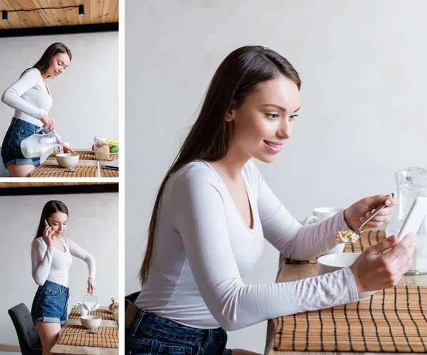 Коллаж счастливой девушки разговаривающей на смартфонах, наливающей молоко в миски и держащей ложку с кукурузными хлопьями — стоковое фото