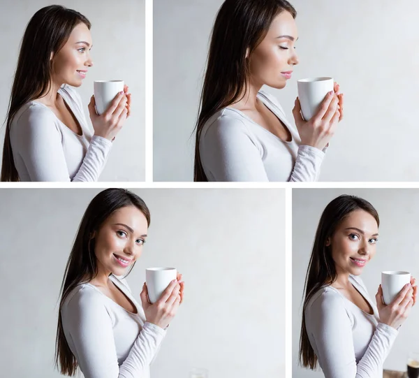 Collage de femme gaie tenant des tasses et souriant à la maison — Photo de stock