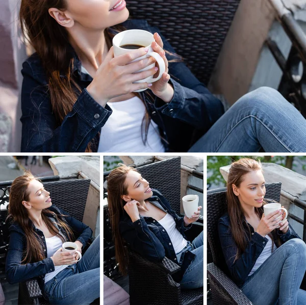 Collage de chica feliz en vaqueros y chaquetas sentados en sillas y sosteniendo tazas de café en el balcón - foto de stock