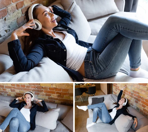 Колаж веселої дівчини, що торкається бездротових навушників, слухаючи музику у вітальні — стокове фото