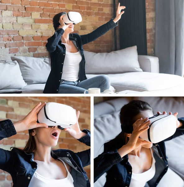 Collage of emotional girl in virtual reality headsets in living room — Stock Photo