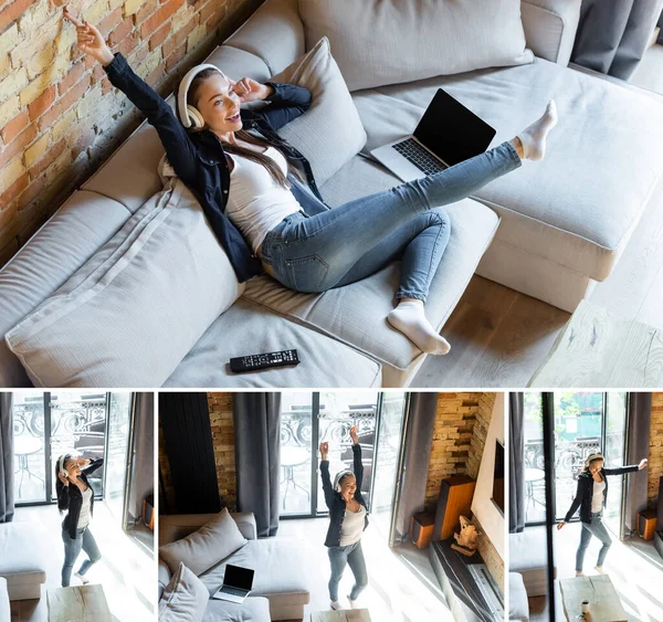 Collage de chica feliz en auriculares inalámbricos bailando y escalofriante en sofá cerca de portátiles con pantalla en blanco - foto de stock