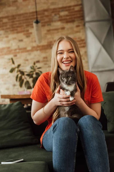 Feliz jovem segurando nos braços bonito gato perto de smartphone no sofá — Fotografia de Stock