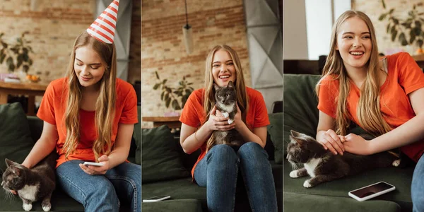 Collage de feliz joven mujer en partido gorra celebración en brazos lindo gato cerca de teléfonos inteligentes en sofás - foto de stock