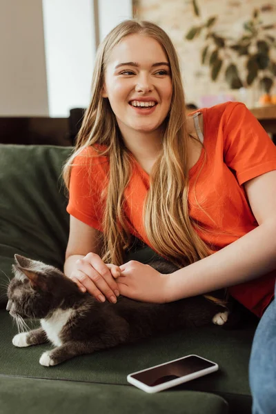 Feliz joven mujer tocando lindo gato cerca de teléfono inteligente con pantalla en blanco en sofá - foto de stock