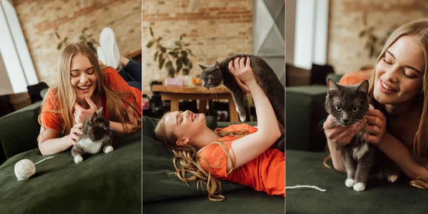 Коллаж веселой женщины, лежащей на диване и трогающей милую кошку возле клубка пряжи в гостиной — стоковое фото
