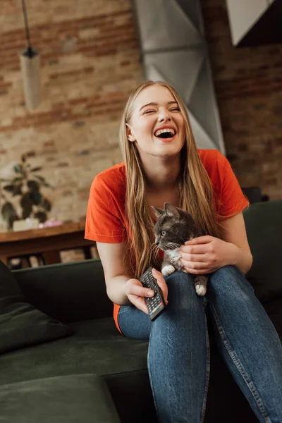 Щаслива дівчина тримає пульт дистанційного керування і сміється біля милого кота — стокове фото