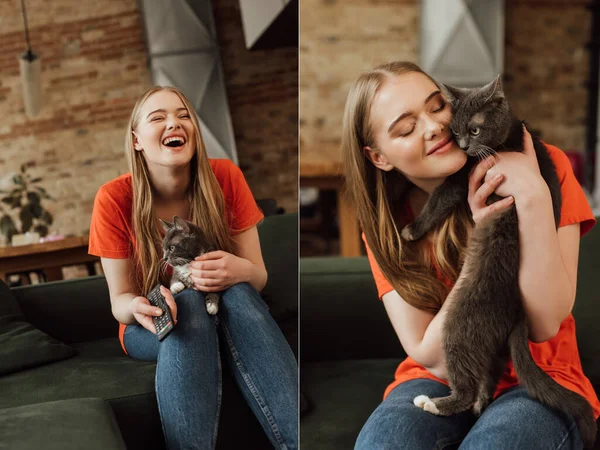 Collage di donna felice che tiene il telecomando e ride vicino al gatto carino — Foto stock