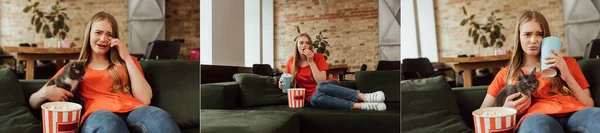 Collage of emotional girl eating popcorn, holding disposable cups with soda near cat while watching movie — Stock Photo