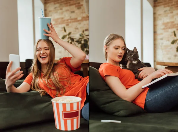 Collage of cheerful girl taking selfie with popcorn bucket and reading book while holding cat — Stock Photo
