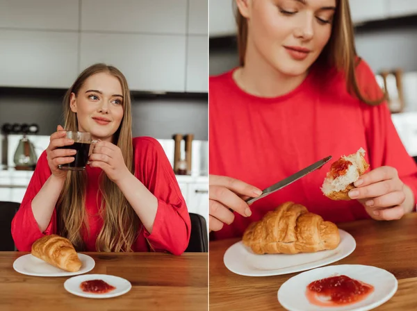 Collage di ragazza che tiene una tazza di caffè e coltello vicino a gustoso croissant — Foto stock