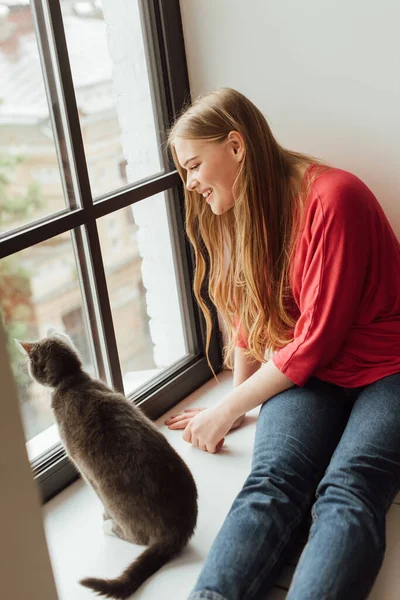 Jeune et heureuse femme regardant la fenêtre près du chat mignon — Photo de stock