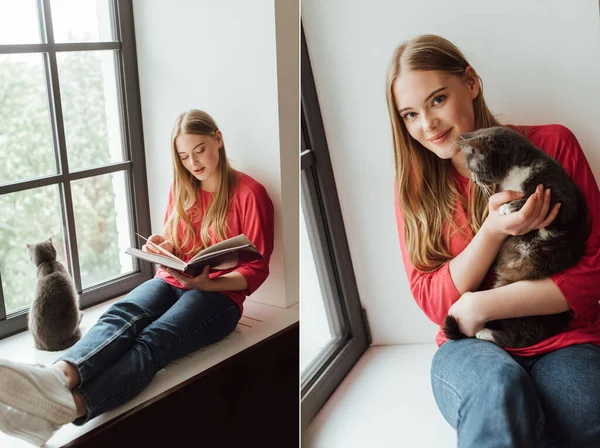 Коллаж счастливой девушки держа кота и читая книгу, сидя на подоконнике дома — стоковое фото