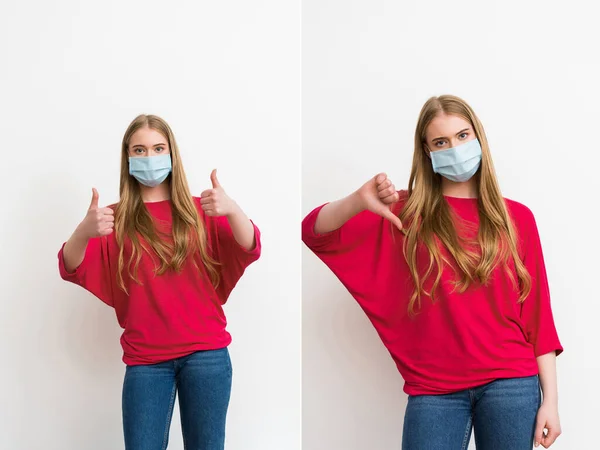 Collage de mujer joven en máscaras médicas que muestran pulgares hacia arriba y pulgar hacia abajo aislado en blanco - foto de stock