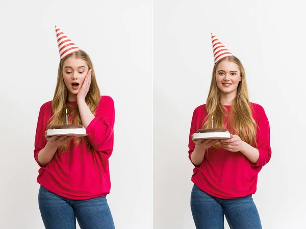 Colagem de menina emocional em bonés de festa segurando bolos de aniversário saborosos com velas ardentes — Fotografia de Stock