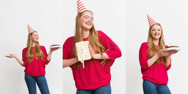 Colagem de menina feliz em bonés de festa segurando presentes e bolos de aniversário isolados em branco — Fotografia de Stock