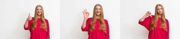 Collage de chica emocional mostrando el pulgar hacia arriba, pulgar hacia abajo y ok signo aislado en blanco - foto de stock