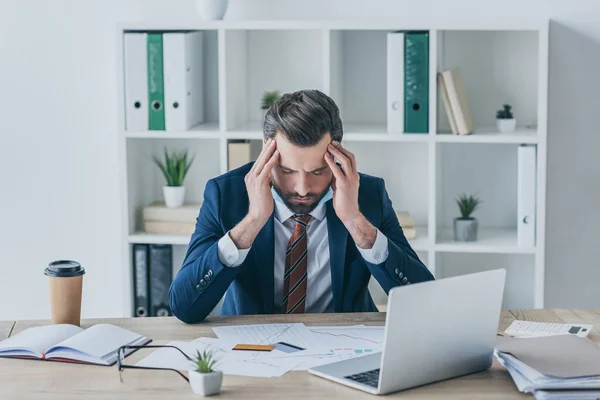 Depressed Businessman Touching Bowed Head While Sitting Closed Eyes Workplace — Stock Photo, Image