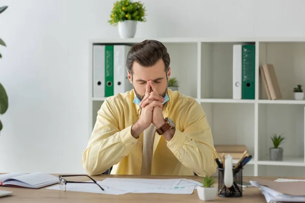 Depressed Businessman Sitting Workplace Documents Closed Eyes — Stock Photo, Image