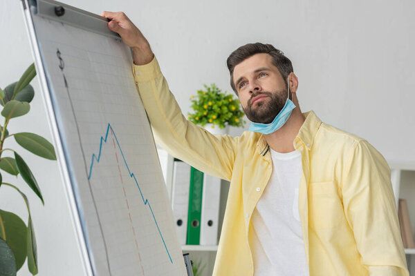 serious, thoughtful businessman looking away while touching flipchart with graphs showing recession