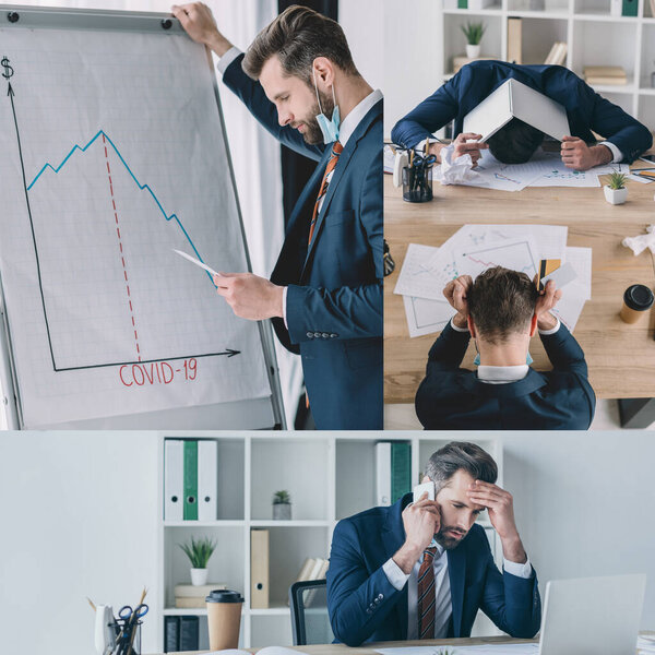 collage of thoughtful businessman standing near flipchart, talking on smartphone, covering head with laptop