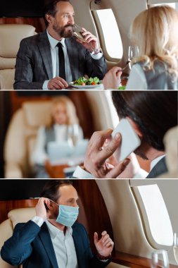 İş adamlarının kolajı şampanya içmek, akıllı telefonla konuşmak ve uçakta tıbbi maske kullanmak. 