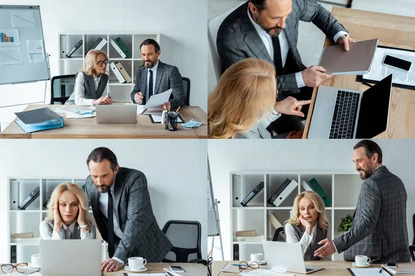 Colagem Empresários Que Trabalham Com Papéis Laptop Escritório — Fotografia de Stock