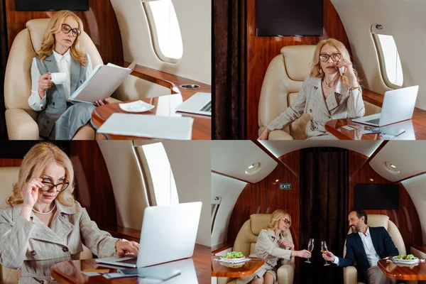 ラップトップを使用しているビジネス人のコラージュ 飛行機のサラダの近くでシャンパンを飲む — ストック写真