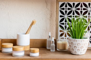 wooden shelf with toothbrushes, containers and bottles near candle and green plant clipart