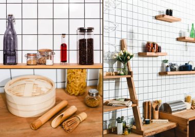 yeşil bitkiler, çiçekler, konserve domatesli kavanozlar, bambu buhar buharı ve pişirme aletleri kolajı