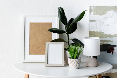 Modern apartmandaki resmin yanındaki beyaz kahve masasında yeşil bitkiler, çerçeveler ve lamba. 