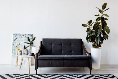 modern sofa near plants and coffee table with vintage lamp, head figurine and cup in living room  clipart