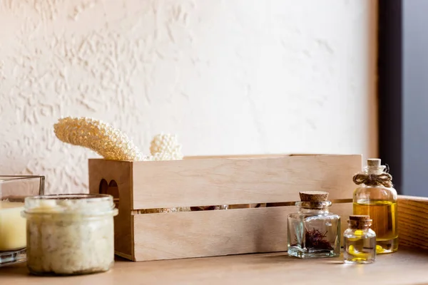 Wooden Box Loofah Bottles Oil Clay Mask Jar Candle Shelf — Stock Photo, Image