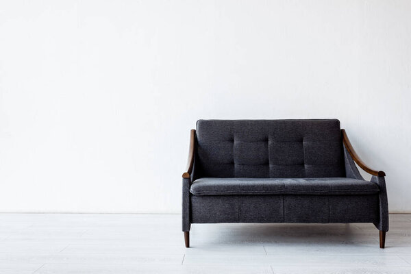modern dark sofa near while wall in living room 