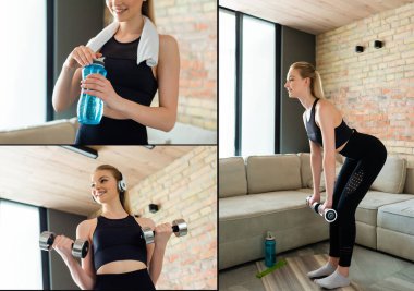 Dambıllarla spor yapan ve spor şişesini oturma odasında tutan mutlu spor kadın kolajı. 