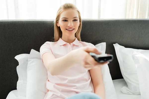 Selective Focus Girl Holding Remote Controller Watching Movie Home — Stock Photo, Image