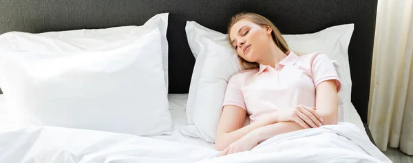 Panoramic Shot Attractive Woman Sleeping Modern Bedroom — Stock Photo, Image