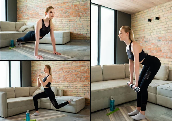 Spor salonundaki spor şişelerinin yanında halterlerle spor yapan mutlu kadın kolajı. 