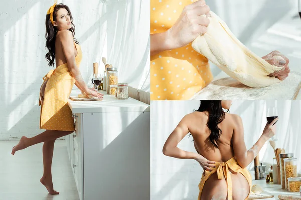 Collage Sensual Woman Apron Preparing Dough Holding Glass Wine Kitchen — Stock Photo, Image