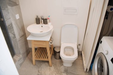 Tuvaleti, lavabosu ve çamaşır makinesi olan modern banyo. 