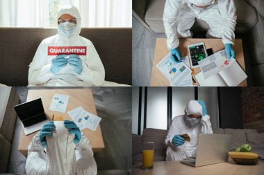 dijital tabletin yanında tehlikeli madde giysileri içindeki adam kolajı, çizelgeler ve grafikler, boş ekranlı akıllı telefon, karantina harfli kredi kartları ve kağıt. 