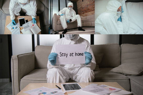 collage of man in personal protective equipment holding paper with stay at home lettering near digital tablet with blank screen, working out and sleeping on bed 
