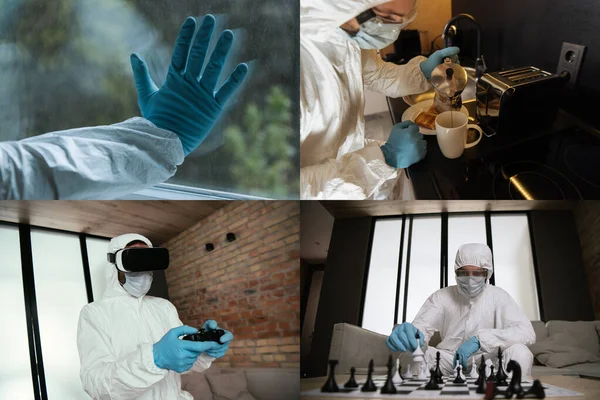 Kyiv Ukraine April 2020 Collage Man Personal Protective Equipment Virtual — Stock Photo, Image