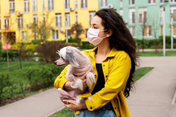 魅力的な女の子でピンク医療マスク歩くと中国の胸犬で街 — ストック写真