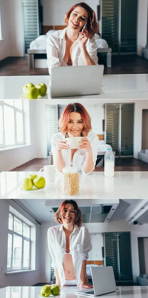 Collage Happy Girl Talking Smartphone Using Laptop Eating Breakfast Home — Stock Photo, Image