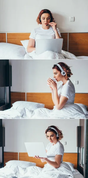 Collage Attractive Girl Working Headset Drinking Coffee Listening Music Headphones — Stock Photo, Image