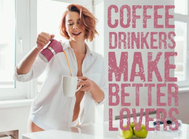 beautiful cheerful girl pouring coffee from pot on self isolation with coffee drinkers make better lovers lettering  clipart