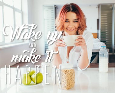 happy girl eating cornflakes with milk for breakfast during quarantine with wake up and make it happen lettering  clipart